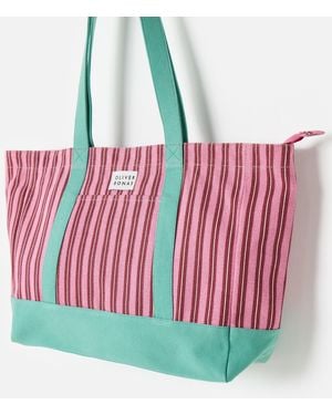 Oliver Bonas Striped Logo Fabric Tote Shopper Bag - Red