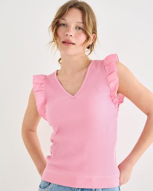 Oliver Bonas Ribbed V-neck Frill Sleeve Top, Size 10 - Pink