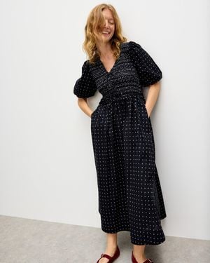 Oliver Bonas & White Polka Dot Tie Front Puff Sleeve Midi Dress, Size 6 - Blue