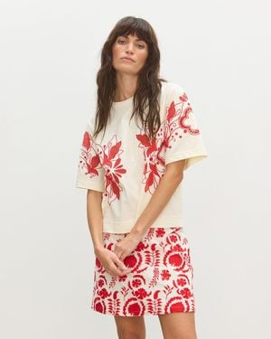 Oliver Bonas Cream & Floral Embroidered Cotton T-shirt, Size 8