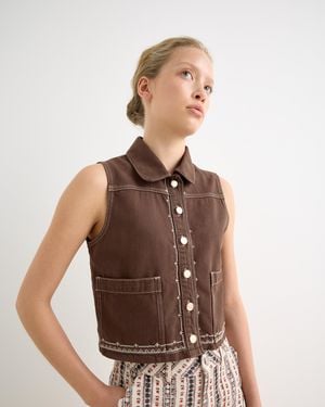 Oliver Bonas Chocolate Cross Stitch Collared Denim Waistcoat, Size 10 - Brown