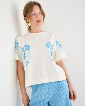 Oliver Bonas Cream & Blue Floral Embroidered T-shirt, Size 10