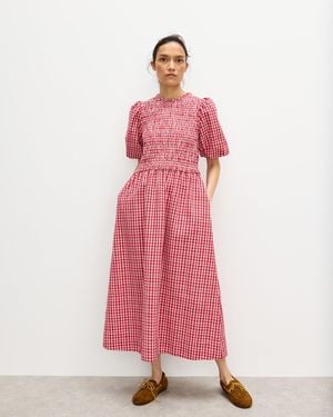 Oliver Bonas Gingham Shirred Bodice Puff Sleeve Cotton Midi Dress, Size 6 - Pink