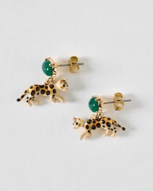 Oliver Bonas Leesa Leopard Charm Drop Green Stud Earrings - Metallic