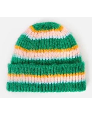 Oliver Bonas & Peach Striped Fluffy Ribbed Knitted Beanie Hat - Green