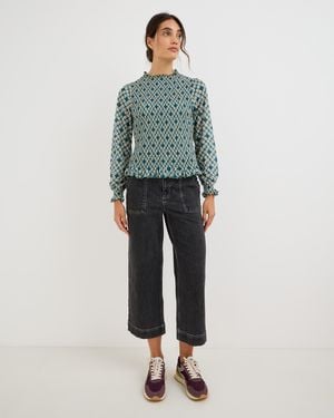 Oliver Bonas Denim Scalloped Pocket Cropped Wide Leg Jeans, Size 10 - Red
