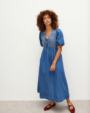 Oliver Bonas Denim Tie Front Puff Sleeve Midi Dress, Size 6 - Blue