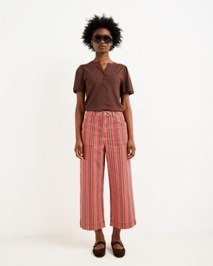 Oliver Bonas & Brown Striped Scalloped Pocket Cropped Wide Leg Jeans, Size 10 - Red