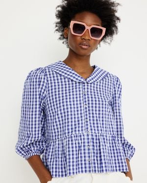 Oliver Bonas & White Gingham Sailor Collar Cotton Peplum Blouse, Size 10 - Blue
