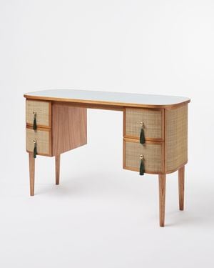 Oliver Bonas Kinship Rattan Teal Blue Dressing Table - White