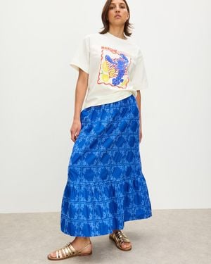 Oliver Bonas Floral Broderie Tile Tiered Midi Skirt, Size 6 - Blue