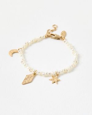 Oliver Bonas Celia Hammered Gold Tone Charm Faux Pearl Bracelet - White
