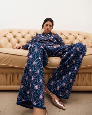 Oliver Bonas Metallic Geometric Knitted Trousers, Size 12 - Blue