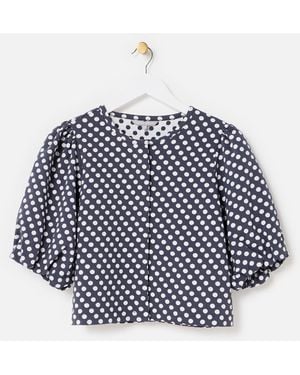 Oliver Bonas Monochrome Polka Dot Jacquard Puff Sleeve Top, Size 12 - Blue