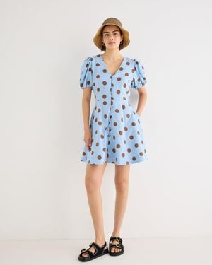 Oliver Bonas Light & Brown Polka Dot Linen Blend Mini Dress, Size 10 - Blue