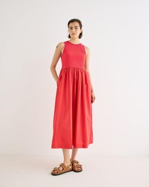 Oliver Bonas & Pink Crochet Trim Cotton Midi Dress, Size 10 - Red