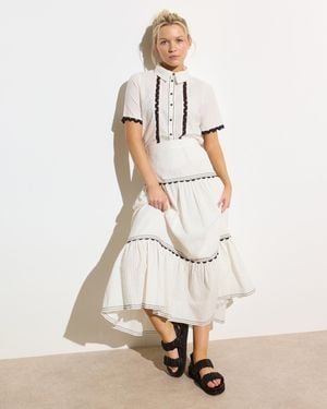 Oliver Bonas & Black Ric Rac Tiered Midi Skirt, Size 6 - Natural