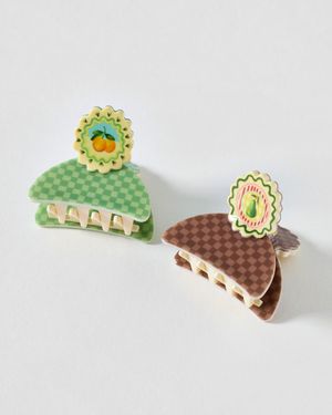 Oliver Bonas Fruit Detail Checkerboard Claw Clips Set Of Two - Metallic