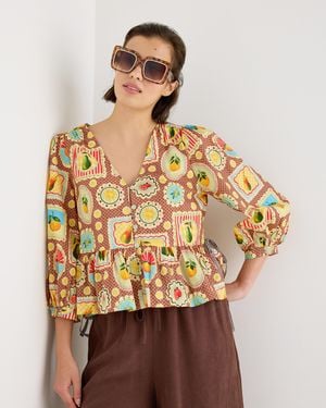 Oliver Bonas Postcard Print V-neck Button Up Blouse, Size 10 - Brown