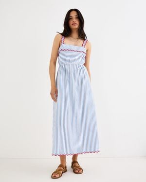 Oliver Bonas White & Striped Scalloped Strappy Cotton Midi Dress, Size 10 - Blue
