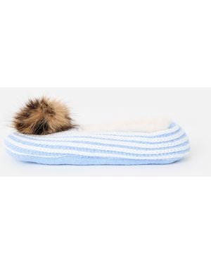 Oliver Bonas Blue & White Striped Knitted Pom Pom Slippers
