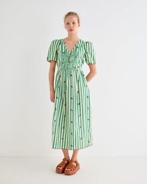 Oliver Bonas & Cream Striped Floral Embroidered Midi Dress, Size 10 - Green