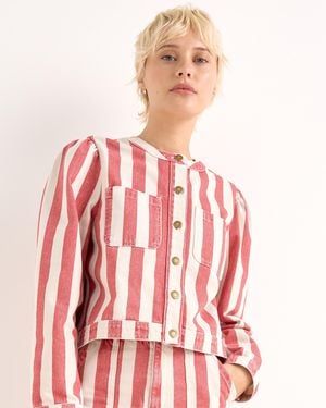 Oliver Bonas & Ecru Striped Cropped Denim Jacket, Size 10 - Red