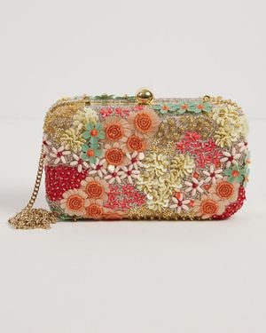 Oliver Bonas Mixed Floral Beaded Rectangular Clutch Bag - Pink