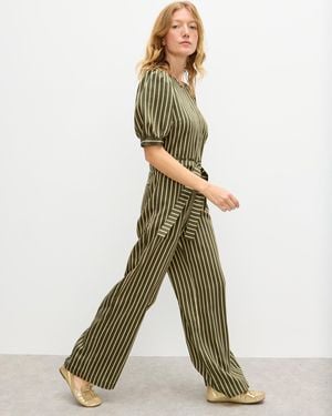 Oliver Bonas Khaki & Cream Striped Tie Waist Jumpsuit, Size 6 - Green