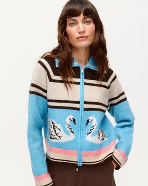Oliver Bonas Striped Swan Collared Knitted Bomber Jacket, Size 8 - Blue