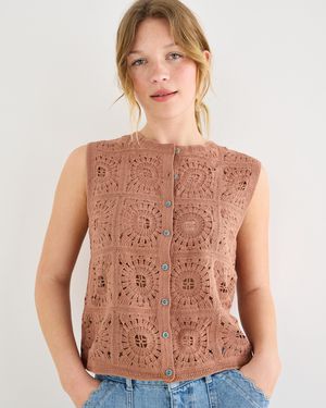 Oliver Bonas Button Up Crochet Waistcoat, Size 10 - Brown