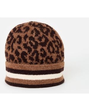 Oliver Bonas Leopard Print Knitted Beanie Hat - Brown