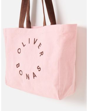 Oliver Bonas Light & Brown Logo Fabric Tote Shopper Bag - Pink