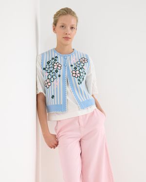 Oliver Bonas & Cream Striped Floral Embroidered Knitted Waistcoat, Size 10 - Blue