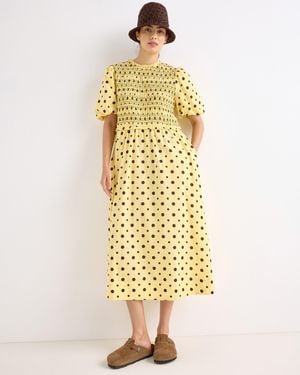 Oliver Bonas Butter & Brown Polka Dot Shirred Bodice Midi Dress, Size 12 - Metallic
