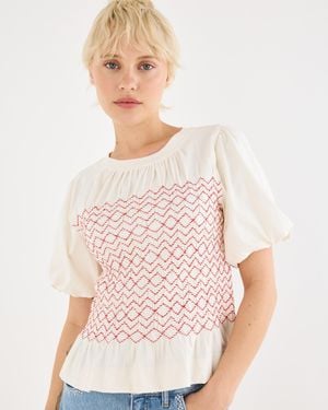 Oliver Bonas & Red Shirred Bodice Puff Sleeve Top, Size 10 - Pink