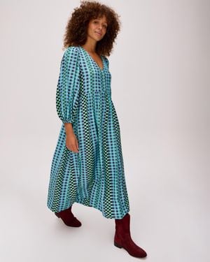 Oliver Bonas & Green Checked V-neck Midi Dress, Size 6 - Blue