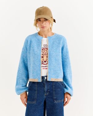 Oliver Bonas & Brown Trim Open Front Knitted Cardigan, Size 14 - Blue