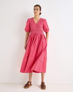 Oliver Bonas Gingham Shirred Bodice Puff Sleeve Midi Dress, Size 10 - Pink