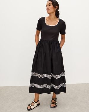 Oliver Bonas & White Broderie Short Sleeve Midi Dress, Size 6 - Black