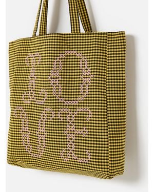 Oliver Bonas & Black Gingham Love Cross Stitch Fabric Tote Shopper Bag - Metallic