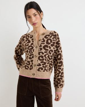 Oliver Bonas Brown Animal Print Crew Neck Knitted Cardigan, Size 16 - Natural