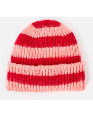 Oliver Bonas & Peach Striped Fluffy Ribbed Knitted Beanie Hat - Red