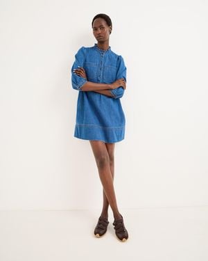 Oliver Bonas Dark Frill Neck Denim Mini Dress, Size 8 - Blue