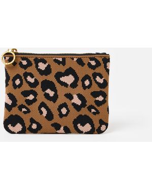 Oliver Bonas Brown Leopard Print Knitted Zipped Pouch - White