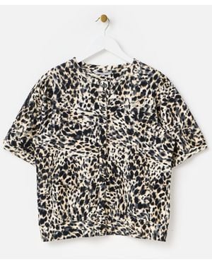Oliver Bonas Leopard Print Button Up Short Sleeve Sweatshirt, Size 10 - Natural