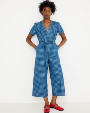 Oliver Bonas Denim Gingham Cropped Wide Leg Jumpsuit, Size 10 - Blue