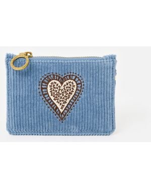 Oliver Bonas Corduroy Heart Embroidered Zipped Card Holder - Blue