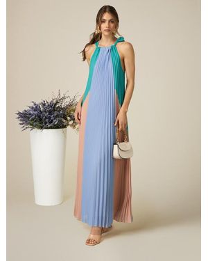 Oltre Vestito Lungo Plissé Colour Block Donna, Taglia - Blu