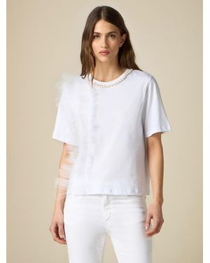 Oltre T-Shirt Con Perle E Tulle Donna, Taglia - Bianco